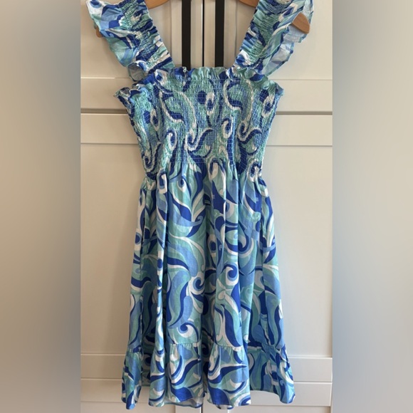 HILL HOUSE SMALL ELIZABETH NAP DRESS LINEN BLUE / WHITE/ TEAL SWIRL PRINT GREAT! - Picture 2 of 3